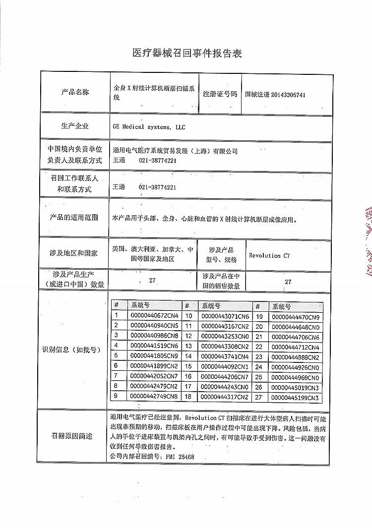 CFDA发布14个医疗器械产品召回信息