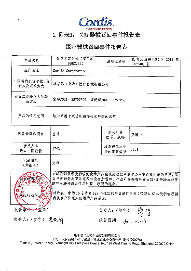 CFDA发布14个医疗器械产品召回信息